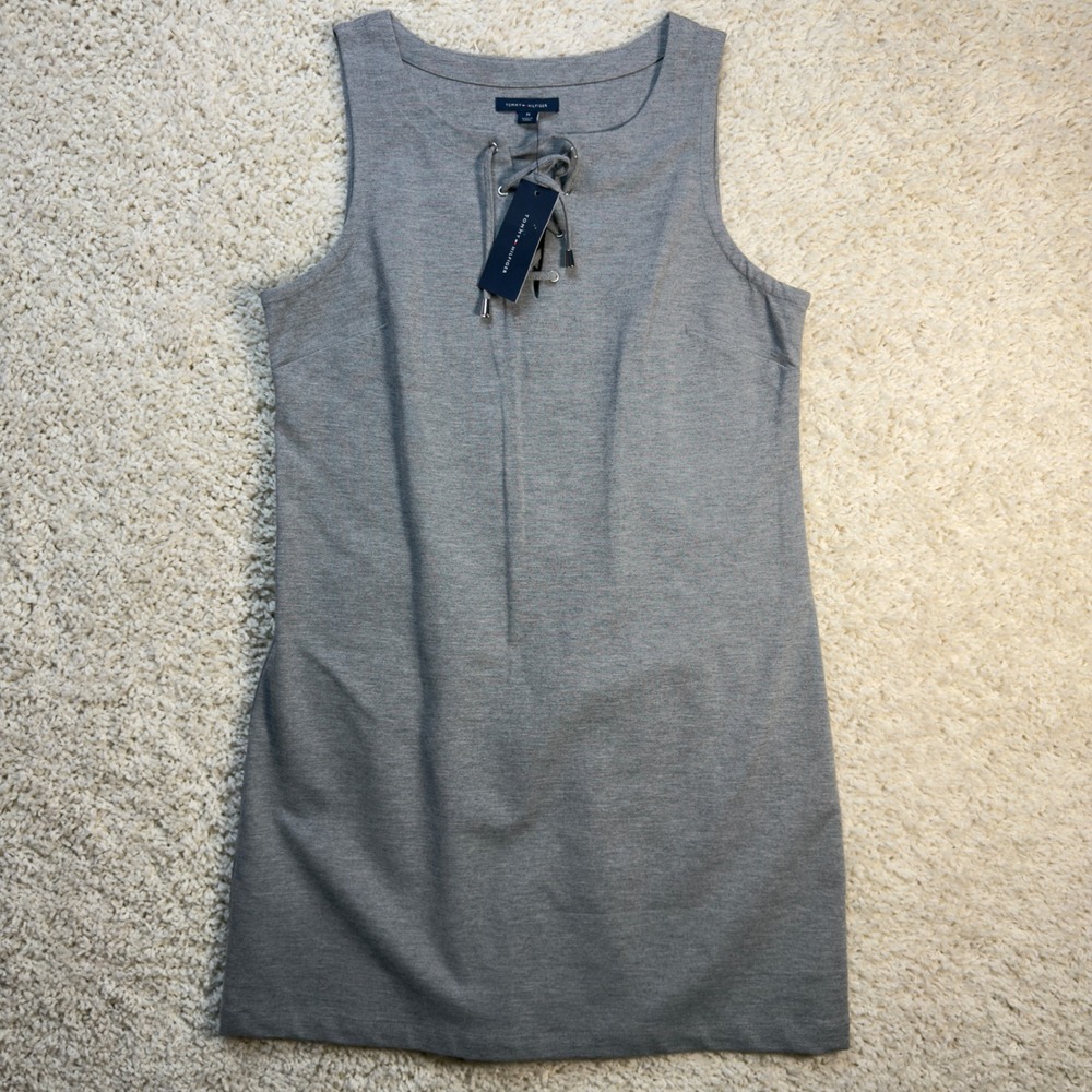Tommy Hilfiger Shift Dress Womens Medium Gray Lace Up Neck Sleeveless Mini New